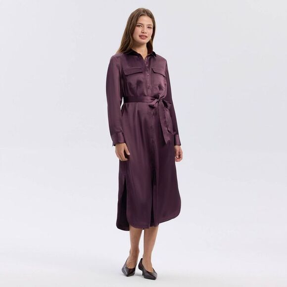 A New Day Dresses & Skirts - A New Day - Women's Long Sleeve Belted Satin Midi Shirtdress - Red